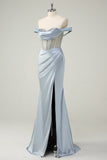 Dusty Blue Mermaid Off The Shoulder Sheer Corset Beaded Long Prom Dress With Slit