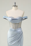 Dusty Blue Mermaid Off The Shoulder Sheer Corset Beaded Long Prom Dress With Slit