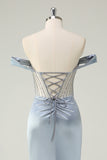 Dusty Blue Mermaid Off The Shoulder Sheer Corset Beaded Long Prom Dress With Slit