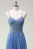 Sparkly Dusty Blue A-Line Spaghetti Straps Corset Beaded Long Prom Dress with Appliques