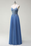 Sparkly Dusty Blue A-Line Spaghetti Straps Corset Beaded Long Prom Dress with Appliques