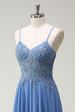 Sparkly Dusty Blue A-Line Spaghetti Straps Corset Beaded Long Prom Dress with Appliques