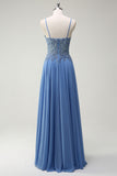 Sparkly Dusty Blue A-Line Spaghetti Straps Corset Beaded Long Prom Dress with Appliques