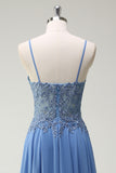 Sparkly Dusty Blue A-Line Spaghetti Straps Corset Beaded Long Prom Dress with Appliques