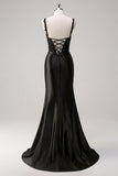 Black Mermaid Spaghetti Straps Ruched Corset Beaded Long Prom Dress with Slit