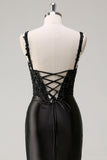 Black Mermaid Spaghetti Straps Ruched Corset Beaded Long Prom Dress with Slit