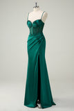 Dark Green Mermaid Corset Beaded Ruched Long Prom Dress with Slit