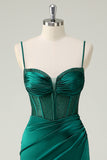 Dark Green Mermaid Corset Beaded Ruched Long Prom Dress with Slit