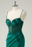 Dark Green Mermaid Corset Beaded Ruched Long Prom Dress with Slit