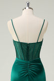 Dark Green Mermaid Corset Beaded Ruched Long Prom Dress with Slit