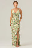 Green Large Floral Sheath V Neck Open Back Bridesmaid Dress with Ruffle Slit