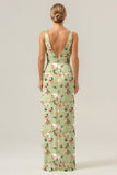 Green Large Floral Sheath V Neck Open Back Bridesmaid Dress with Ruffle Slit