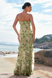 Green Large Floral Sheath Spaghetti Straps Ruffle Long Bridesmaid Dress with Slit