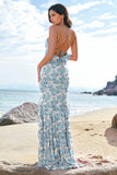 Green Large Floral Sheath Halter Backless Long Bridesmaid Dress with Ruffles