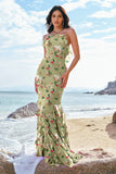 Green Large Floral Sheath Halter Backless Long Bridesmaid Dress with Ruffles