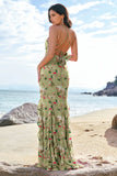 Green Large Floral Sheath Halter Backless Long Bridesmaid Dress with Ruffles