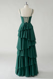 Dark Green A Line Spaghetti Straps Tiered Chiffon Floor Length Bridesmaid Dress