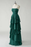 Dark Green A Line Spaghetti Straps Tiered Chiffon Floor Length Bridesmaid Dress