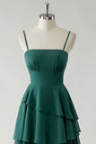 Dark Green A Line Spaghetti Straps Tiered Chiffon Floor Length Bridesmaid Dress