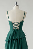 Dark Green A Line Spaghetti Straps Tiered Chiffon Floor Length Bridesmaid Dress