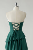 Dark Green A Line Spaghetti Straps Tiered Chiffon Floor Length Bridesmaid Dress