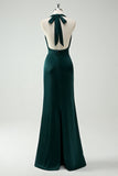 Pine Sheath Halter Cowl Neck Open Back Long Bridesmaid Dress with Slit