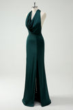 Pine Sheath Halter Cowl Neck Open Back Long Bridesmaid Dress with Slit