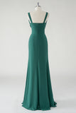 Dark Green Sheath Cowl Neck Chiffon Floor Length Bridesmaid Dress with Slit