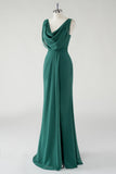 Dark Green Sheath Cowl Neck Chiffon Floor Length Bridesmaid Dress with Slit