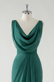 Dark Green Sheath Cowl Neck Chiffon Floor Length Bridesmaid Dress with Slit