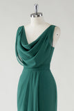 Dark Green Sheath Cowl Neck Chiffon Floor Length Bridesmaid Dress with Slit