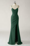 Dark Green Mermaid Spaghetti Straps Chiffon Ruched Long Bridesmaid Dress with Slit