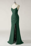 Dark Green Mermaid Spaghetti Straps Chiffon Ruched Long Bridesmaid Dress with Slit