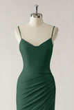 Dark Green Mermaid Spaghetti Straps Chiffon Ruched Long Bridesmaid Dress with Slit