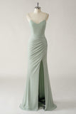 Dark Green Mermaid Spaghetti Straps Chiffon Ruched Long Bridesmaid Dress with Slit