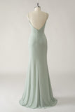 Dark Green Mermaid Spaghetti Straps Chiffon Ruched Long Bridesmaid Dress with Slit