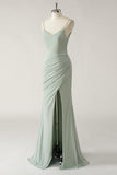 Dark Green Mermaid Spaghetti Straps Chiffon Ruched Long Bridesmaid Dress with Slit