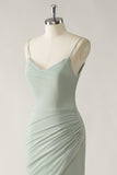 Dark Green Mermaid Spaghetti Straps Chiffon Ruched Long Bridesmaid Dress with Slit