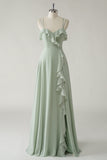 Dusty Sage A Line Spaghetti Straps Chiffon Long Bridesmaid Dress with Ruffle Slit