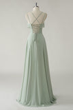 Dusty Sage A Line Spaghetti Straps Chiffon Long Bridesmaid Dress with Ruffle Slit