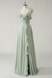 Dusty Sage A Line Spaghetti Straps Chiffon Long Bridesmaid Dress with Ruffle Slit