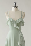 Dusty Sage A Line Spaghetti Straps Chiffon Long Bridesmaid Dress with Ruffle Slit