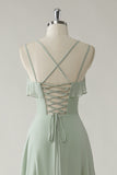 Dusty Sage A Line Spaghetti Straps Chiffon Long Bridesmaid Dress with Ruffle Slit