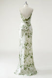 Green Flower Sheath Cowl Neck Printed Open Back Long Bridesmaid Dress