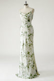 Green Flower Sheath Cowl Neck Printed Open Back Long Bridesmaid Dress