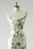 Green Flower Sheath Cowl Neck Printed Open Back Long Bridesmaid Dress