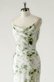 Green Flower Sheath Cowl Neck Printed Open Back Long Bridesmaid Dress