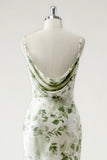 Green Flower Sheath Cowl Neck Printed Open Back Long Bridesmaid Dress