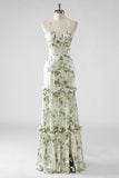 Green Flower Sheath Halter Neck Printed Long Bridesmaid Dress with Lace Up Back