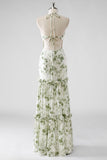 Green Flower Sheath Halter Neck Printed Long Bridesmaid Dress with Lace Up Back